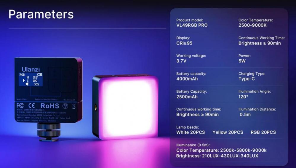  Ulanzi VL49 RGB PRO LED-panel Mini fr Foto/Video 2500mAh batteri