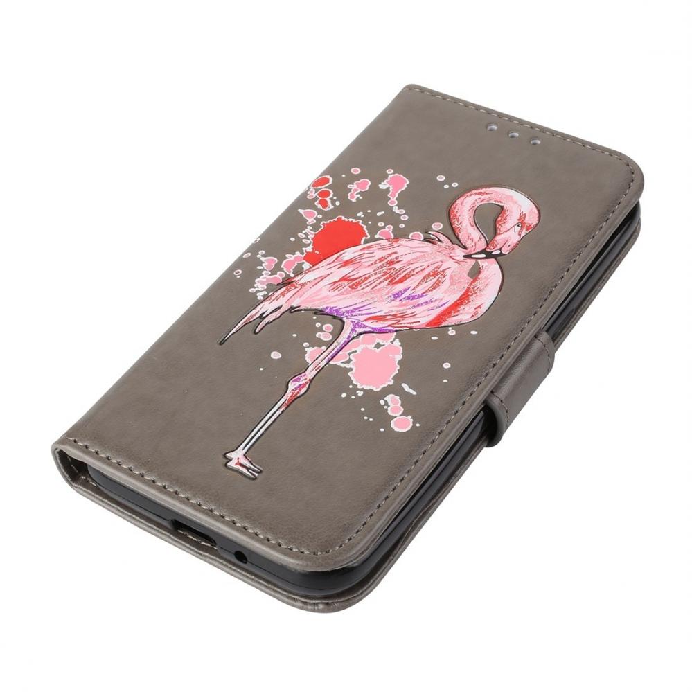  Plånboksfodral för Galaxy J2 Pro (2018) - Grå med rosa flamingo