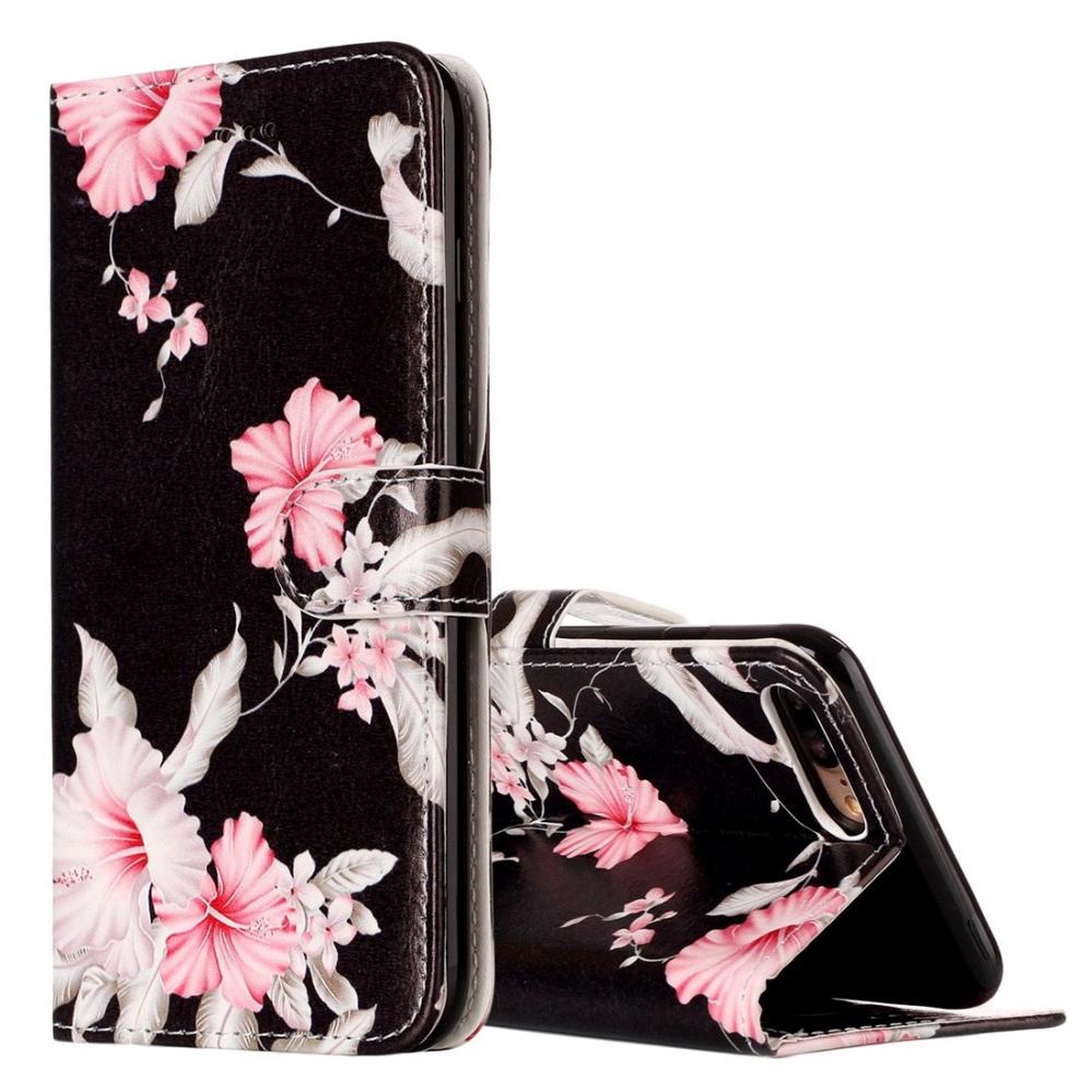  Plånboksfodral för iPhone 7 & 8 Plus - Svart med rosa blommor