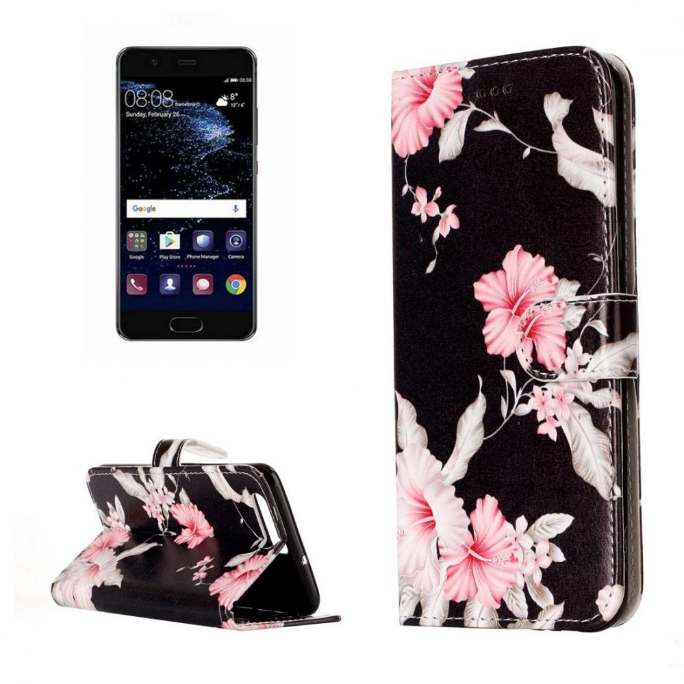 Plånboksfodral för Huawei P10 - Svart med rosa blommor