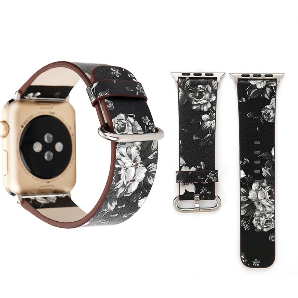  Armband fr Apple Watch 42/44/45mm Svart & Vit blommig konstlder