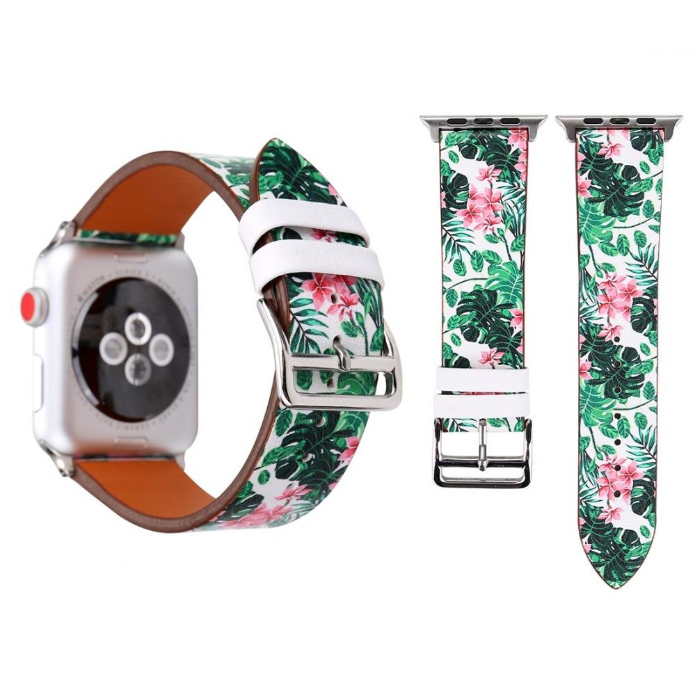 Armband för Apple Watch 38mm - Konstläder gröna blad rosa blommor