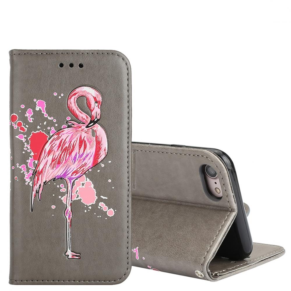  Plnboksfodral fr iPhone 7/8 - Gr med rosa flamingo