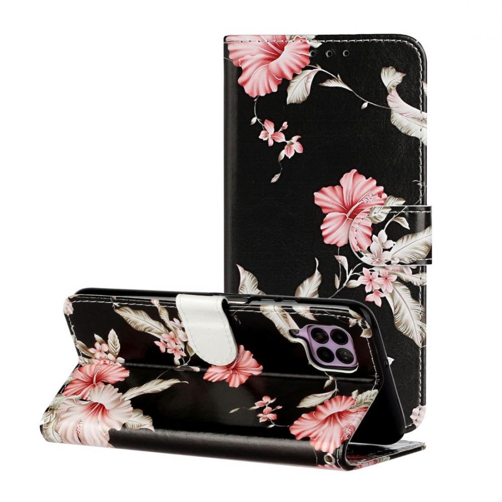 Plånboksfodral för Huawei P40 Lite - Svart med rosa blommor