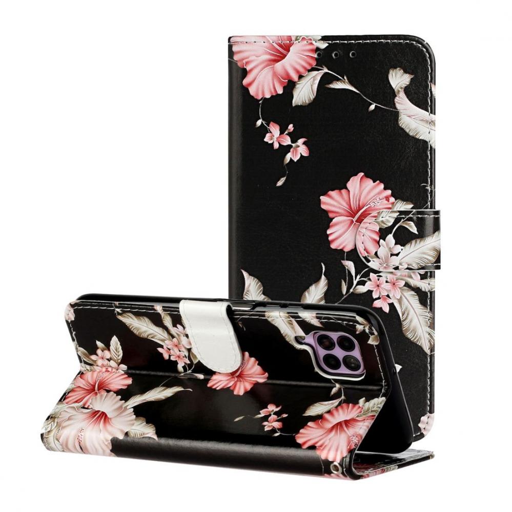  Plnboksfodral fr Huawei P40 Lite - Svart med rosa blommor