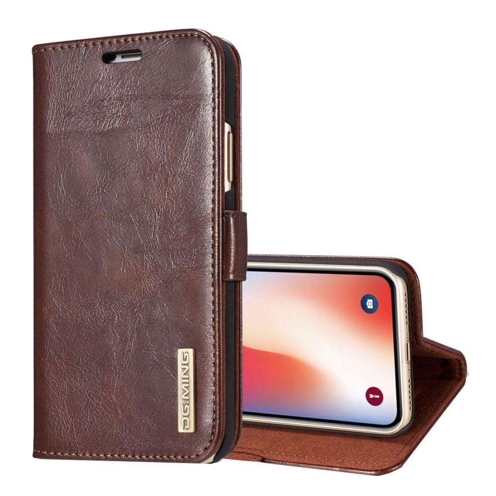 Plånboksfodral med magnetskal äkta läder för iPhone X Brun - DG.MING
