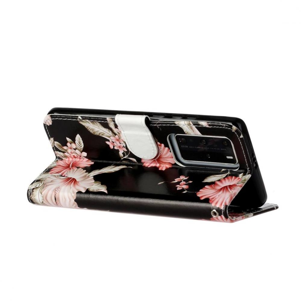  Plnboksfodral fr Huawei P40 Pro - Svart med rosa blommor