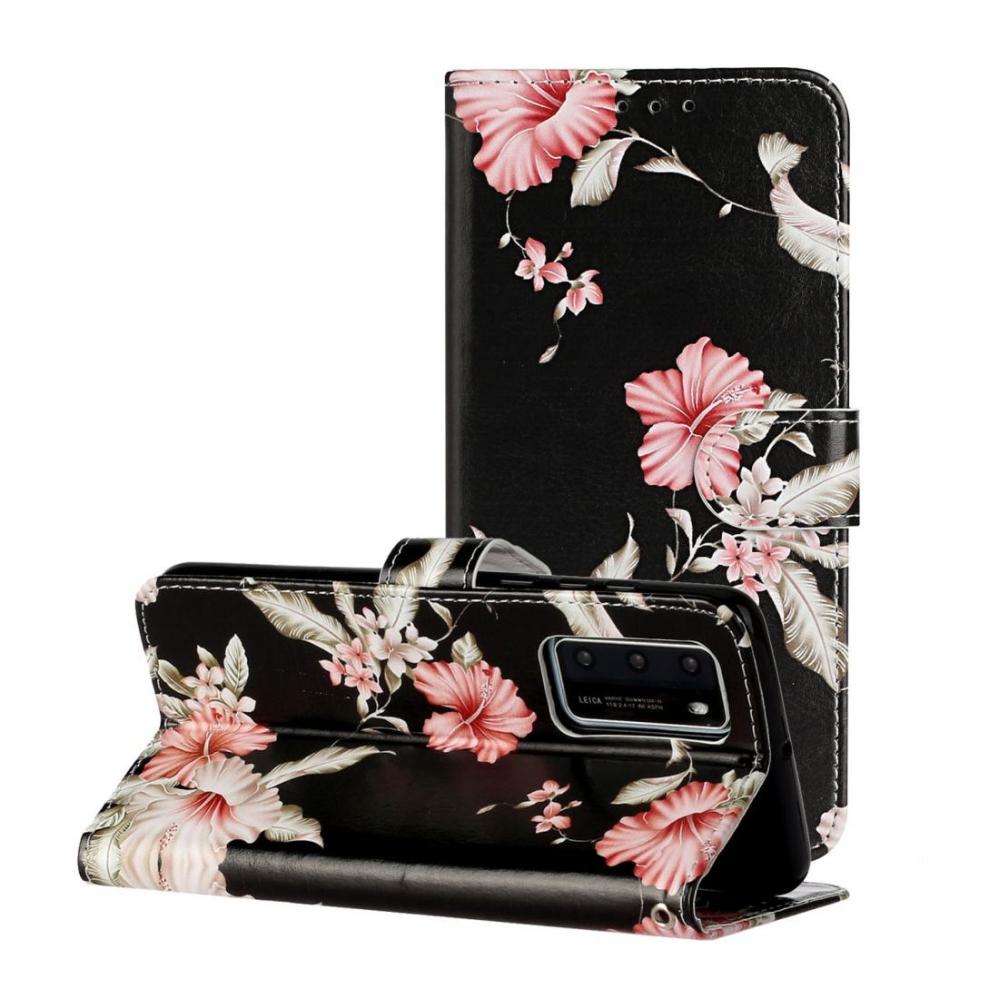 Plånboksfodral för Huawei P40 - Svart med rosa blommor