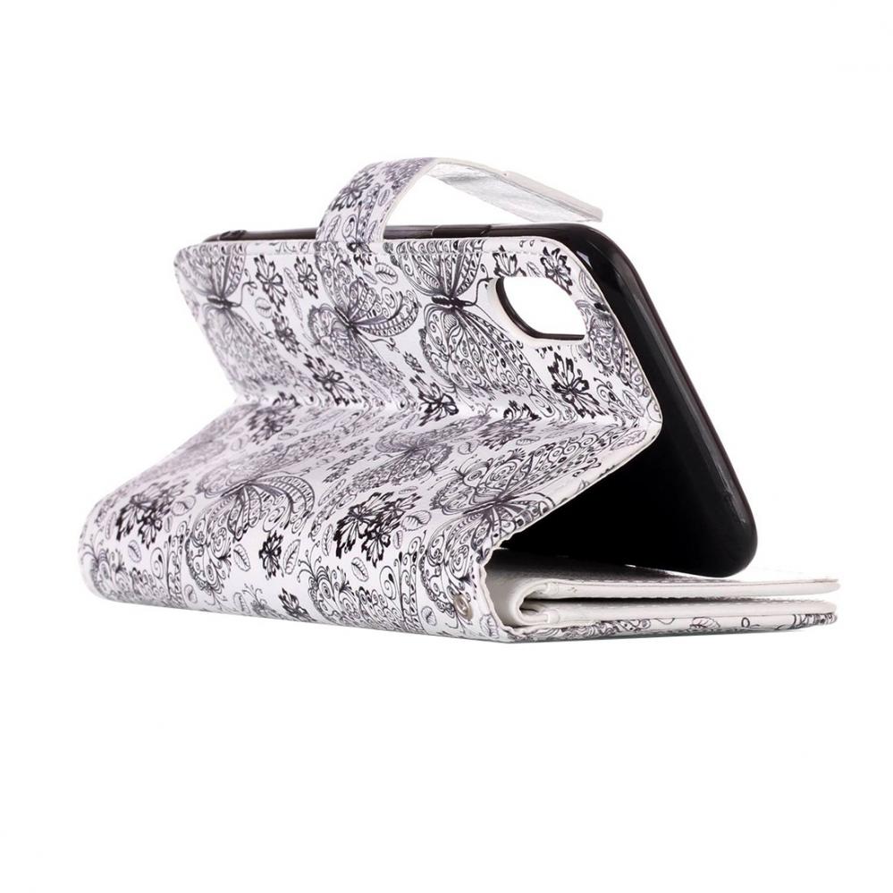 Plånboksfodral för iPhone X/XS - Vit med fjärilar och blommor