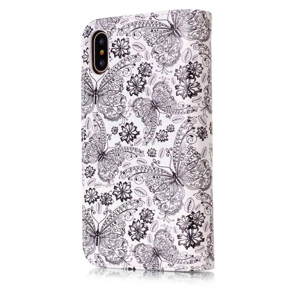 Plånboksfodral för iPhone X/XS - Vit med fjärilar och blommor
