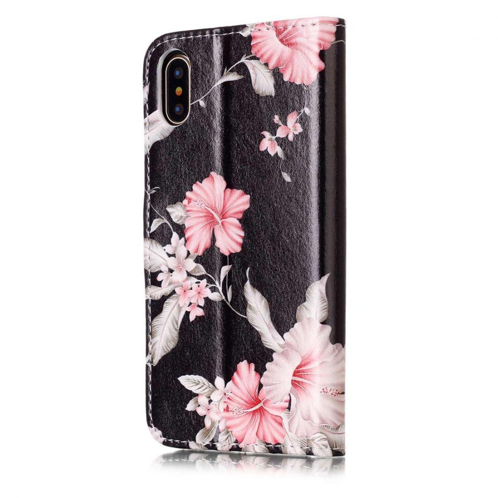  Plnboksfodral fr iPhone X - Svart med rosa blommor