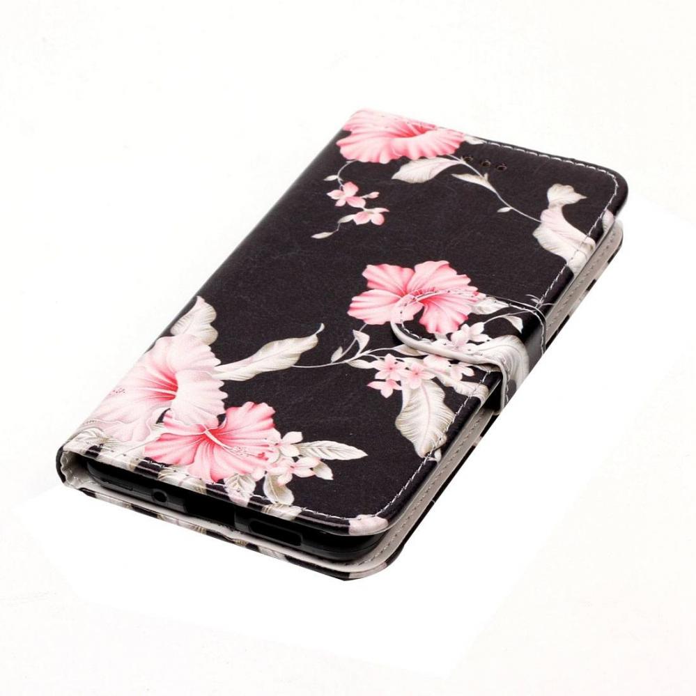 Plånboksfodral för Huawei P10 Lite- Svart med rosa blommor