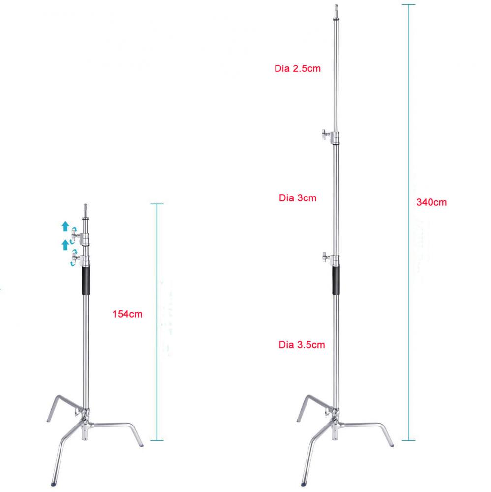  2x Studiostativ/ belysningsstativ C-Stand 340cm med avtagbara ben