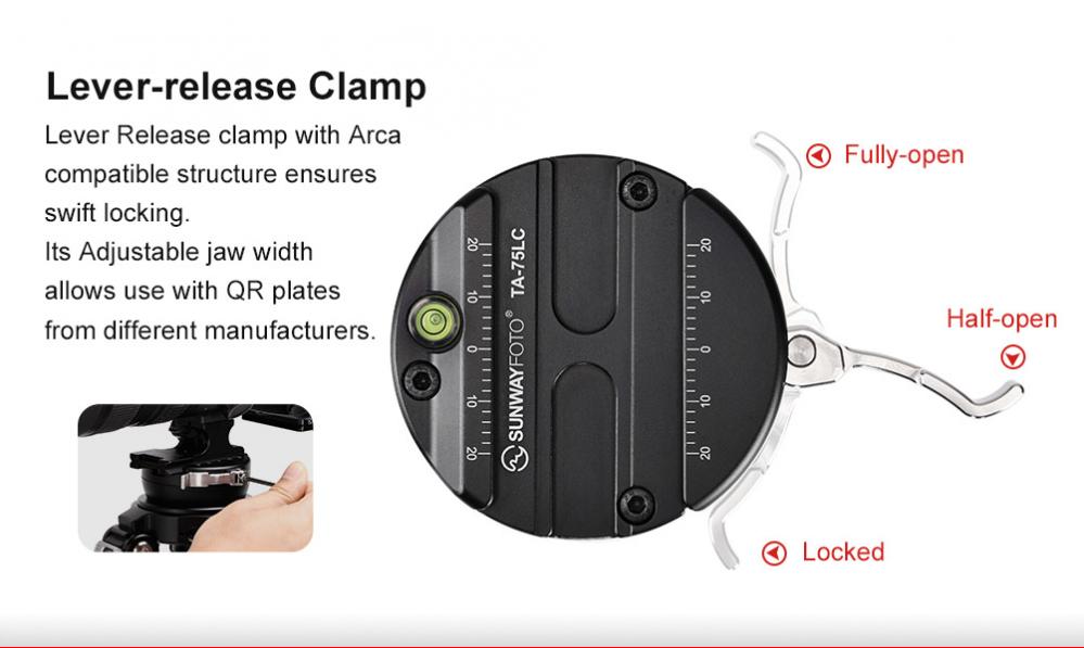  Sunwayfoto TA-75LC Nivelleringskula fr 75mm skl med Arca Swiss type snabbfste