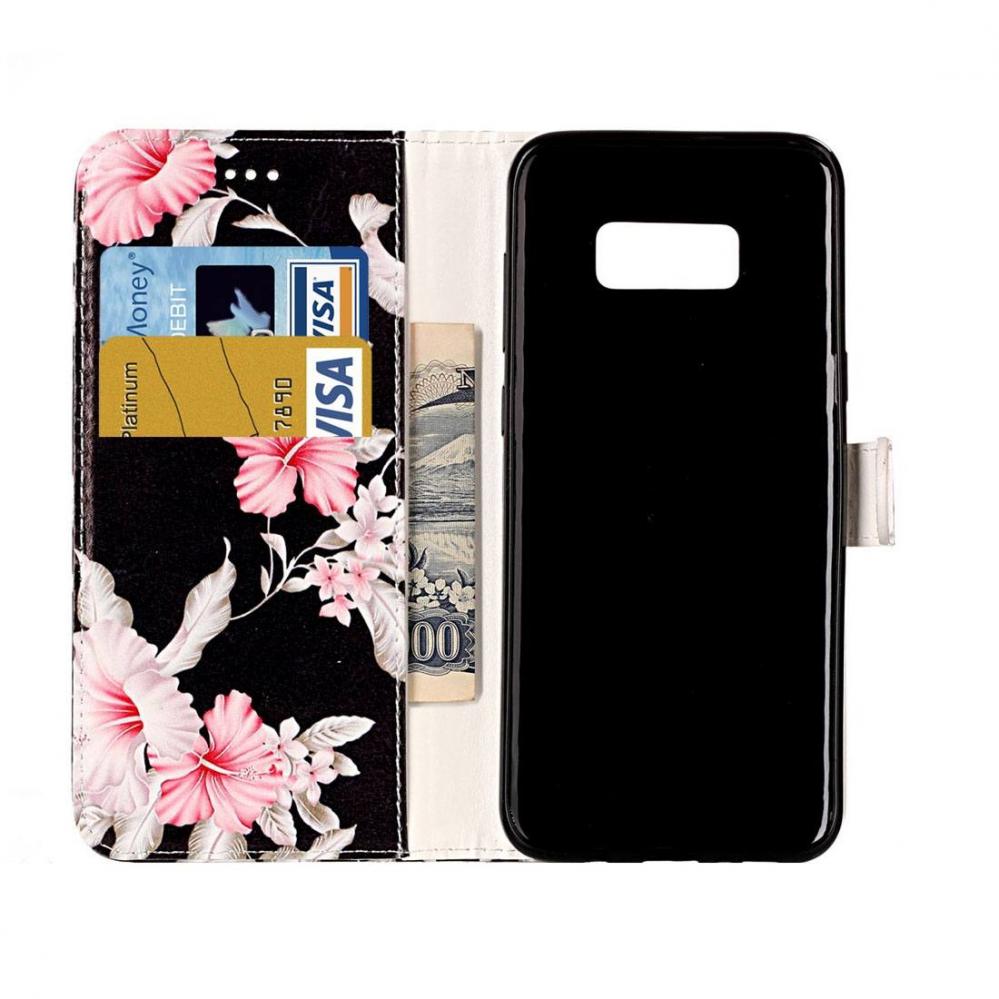 Plånboksfodral för Galaxy S8 Plus - Svart med rosa blommor