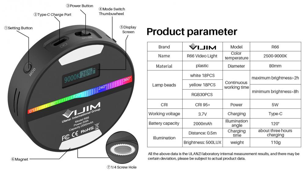  VIJIM RGB Videolampa mini fr kamera/mobil med inbyggt batteri & diffuser