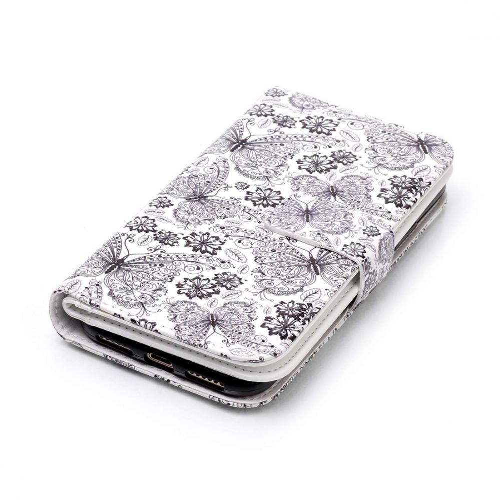 Plånboksfodral för iPhone X/XS - Vit med fjärilar och blommor
