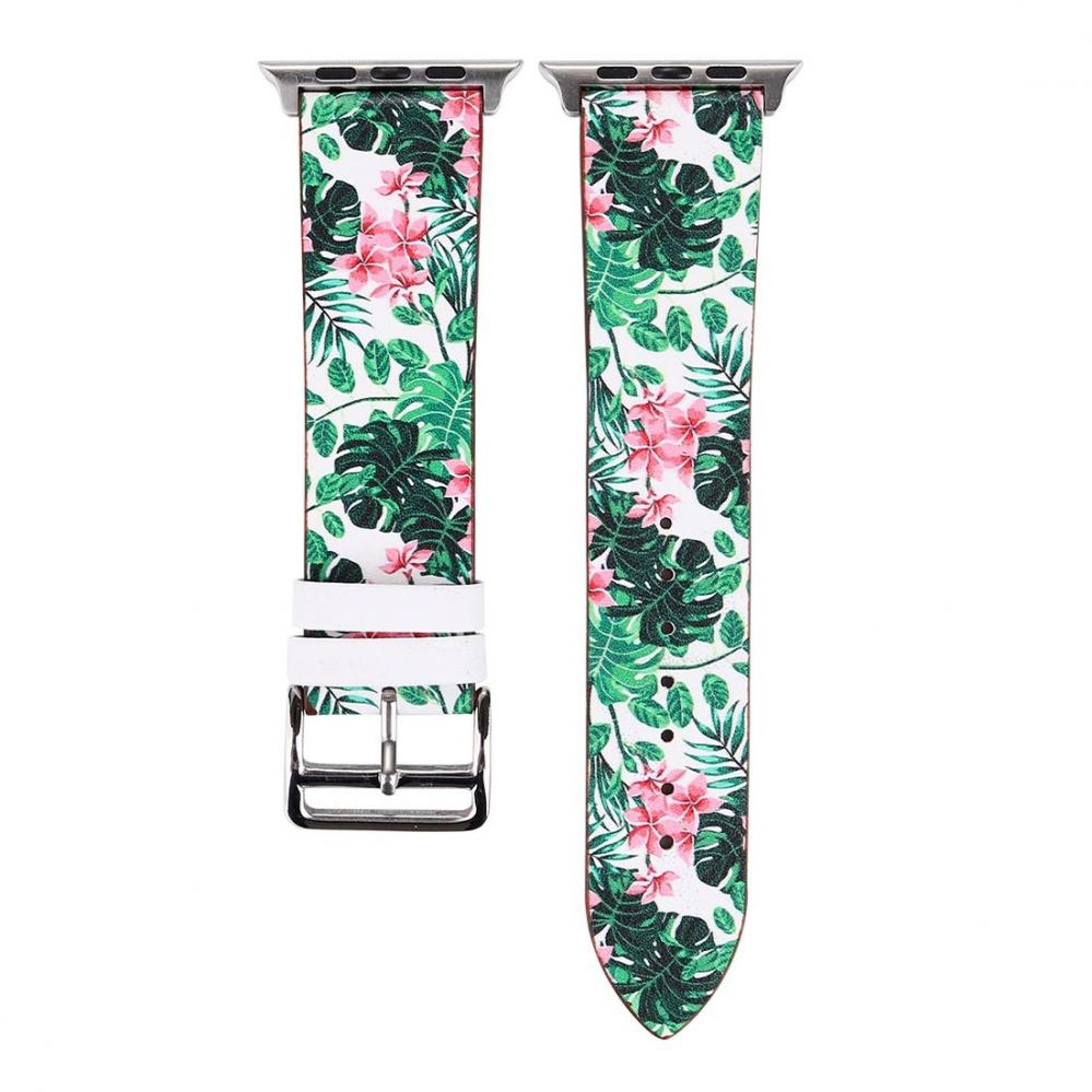 Armband för Apple Watch 38mm - Konstläder gröna blad rosa blommor