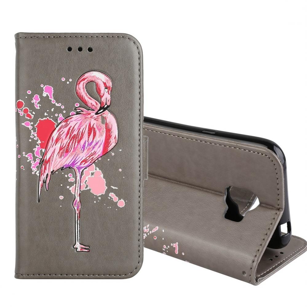  Plånboksfodral för Galaxy J2 Pro (2018) - Grå med rosa flamingo