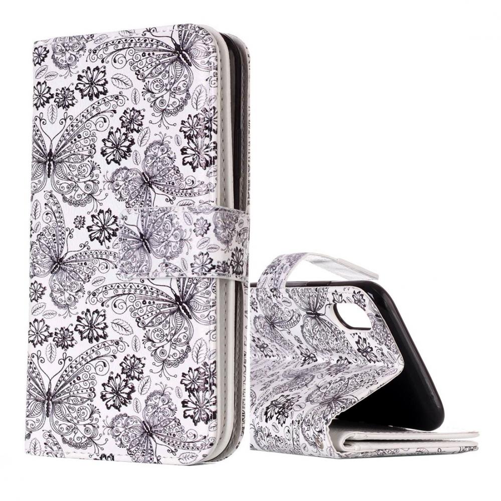 Plånboksfodral för iPhone X/XS - Vit med fjärilar och blommor