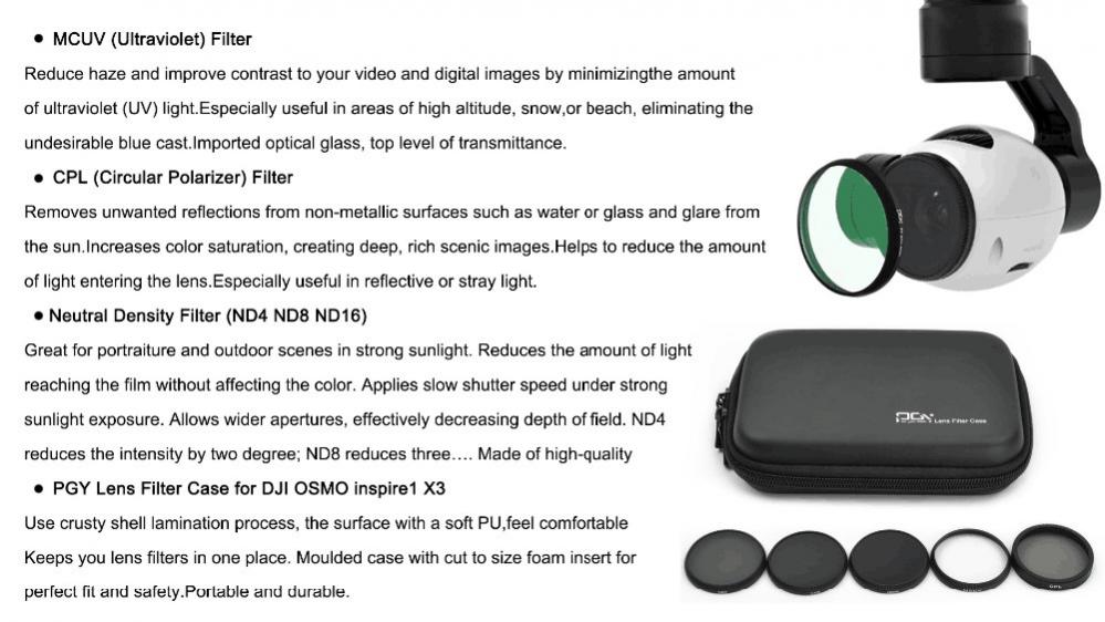 PGYTECH Filter-Kit (5 i 1) ND4, ND8, ND16, CPL, UV för DJI Inspire 1 / Osmo X3