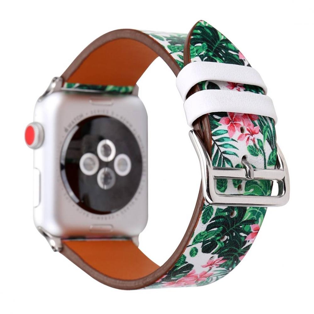 Armband för Apple Watch 38mm - Konstläder gröna blad rosa blommor