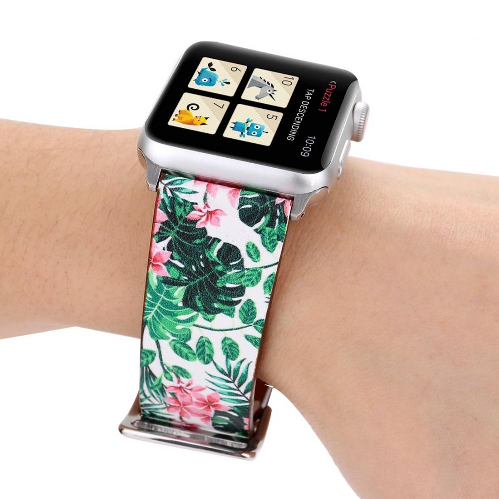Armband för Apple Watch 38mm - Konstläder gröna blad rosa blommor