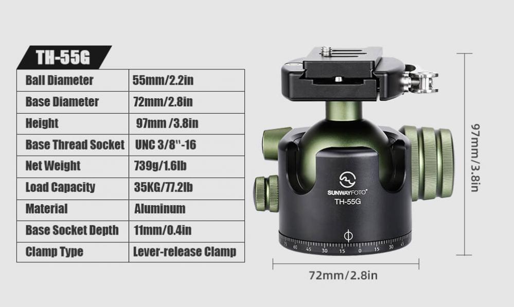  Sunwayfoto TH-55G Kulled lgprofil klarar hg belastning