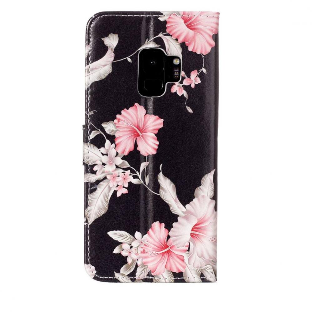  Plnboksfodral fr Galaxy S9 - Svart med rosa blommor