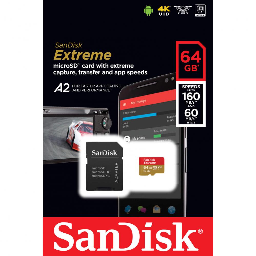  SanDisk MicroSDXC Extreme 64GB Adapter 160MB/s A2 C10 V30