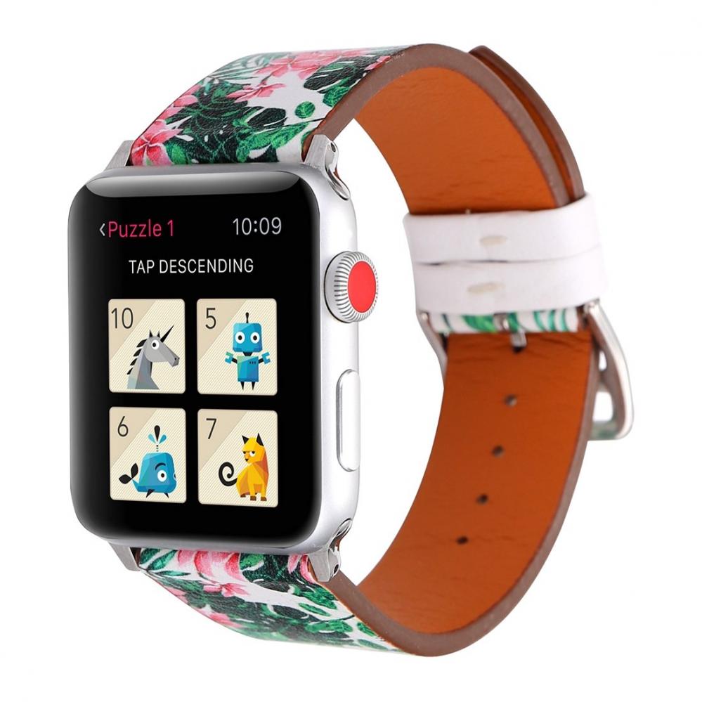 Armband för Apple Watch 38mm - Konstläder gröna blad rosa blommor