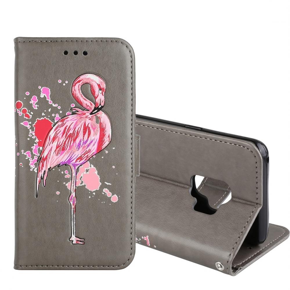  Plnboksfodral fr Galaxy S9 - Gr med rosa flamingo