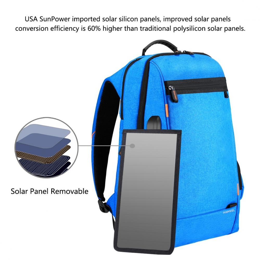  15.6-tum Laptopryggsäck 7W Solpanel extern USB-laddningsport Blå - Haweel