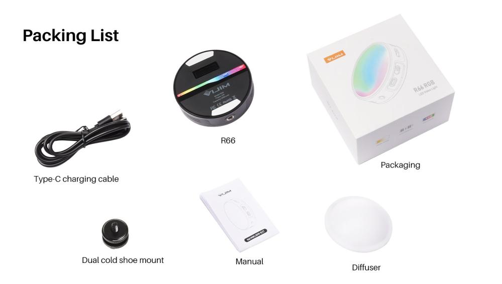 VIJIM RGB Videolampa mini för kamera/mobil med inbyggt batteri & diffuser