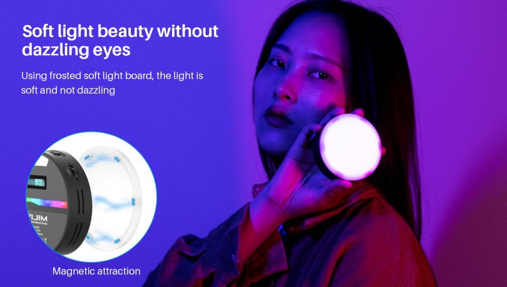 VIJIM RGB Videolampa mini för kamera/mobil med inbyggt batteri & diffuser