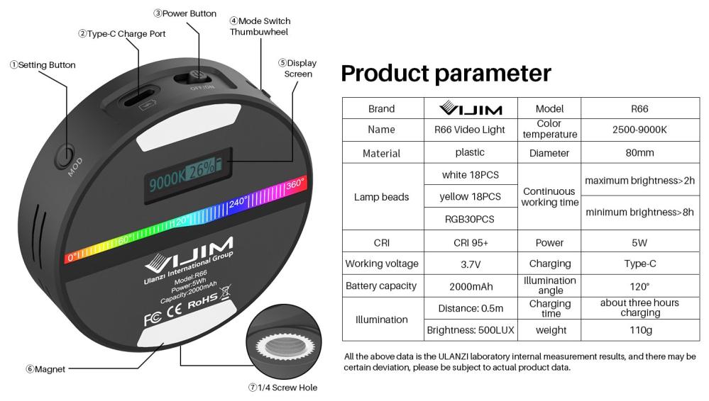 VIJIM RGB Videolampa mini för kamera/mobil med inbyggt batteri & diffuser