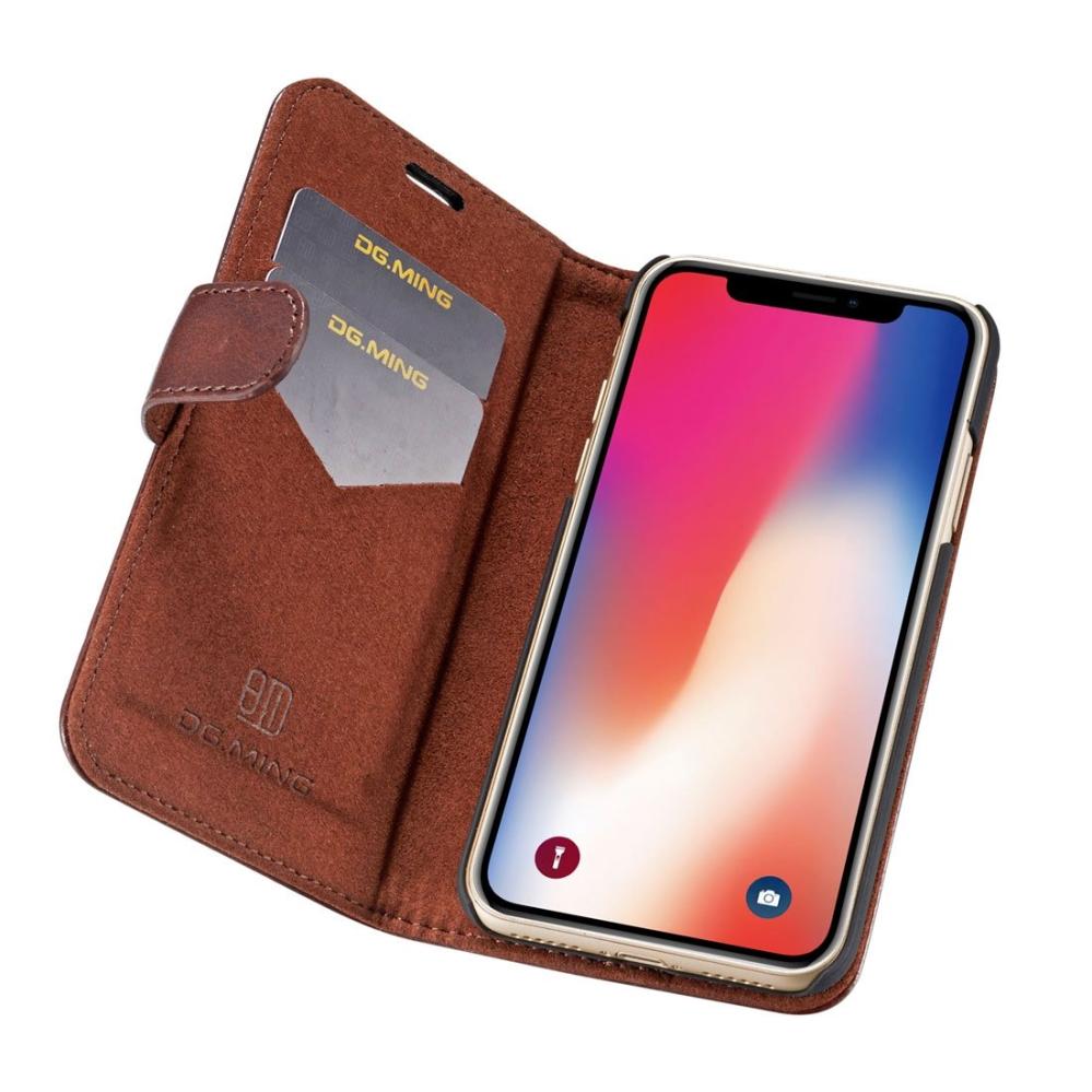 DG.MING Plånboksfodral med magnetskal äkta läder för iPhone X Brun