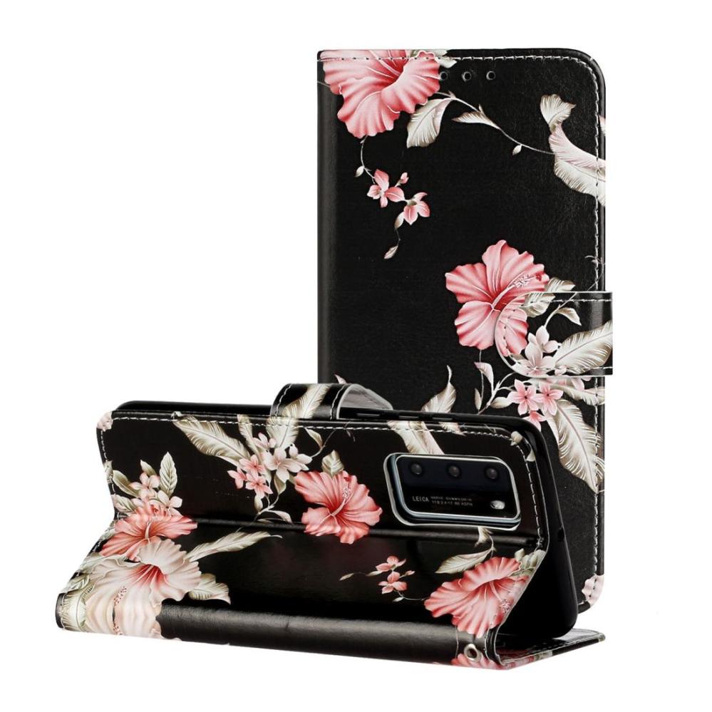 Plånboksfodral för Huawei P40 - Svart med rosa blommor