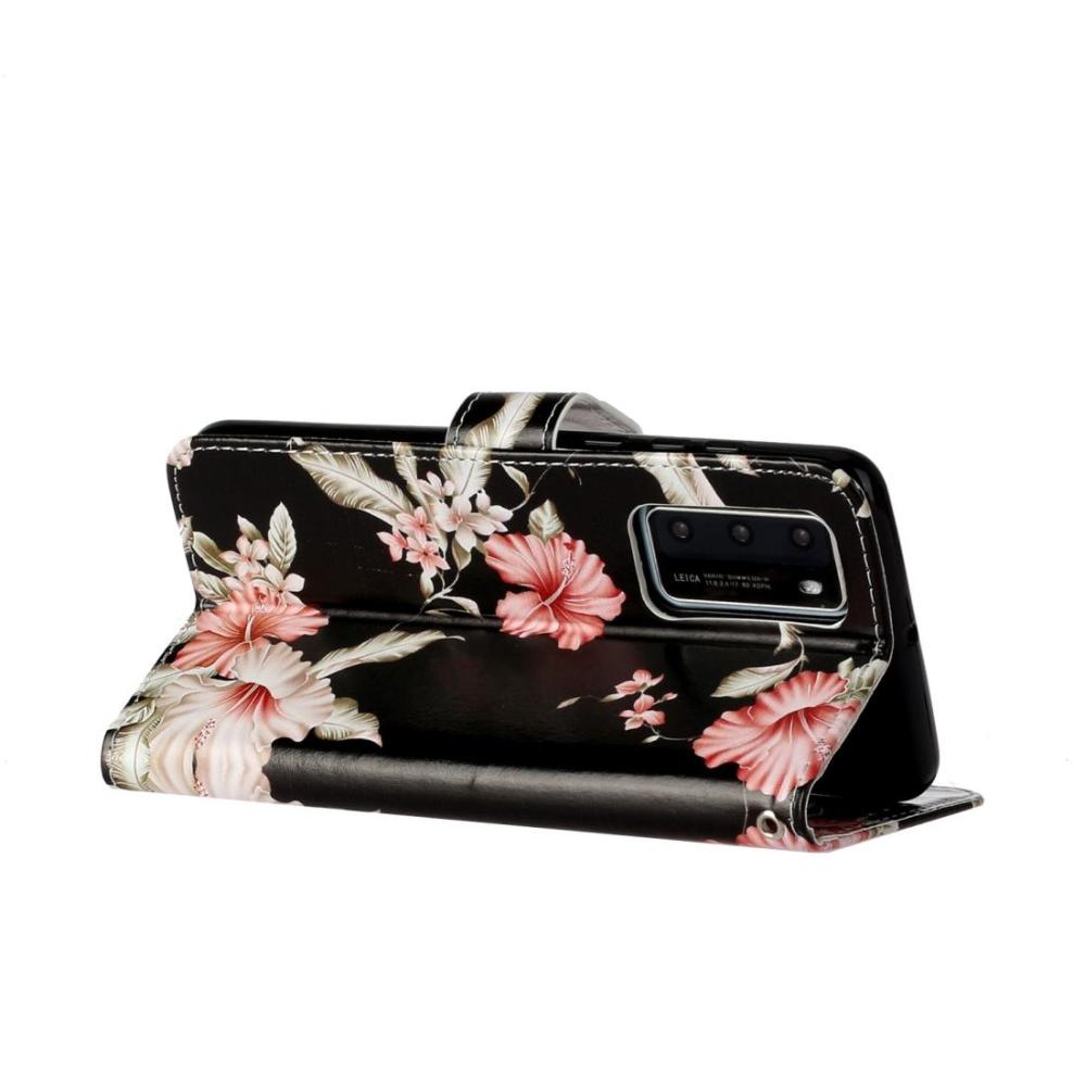 Plånboksfodral för Huawei P40 - Svart med rosa blommor