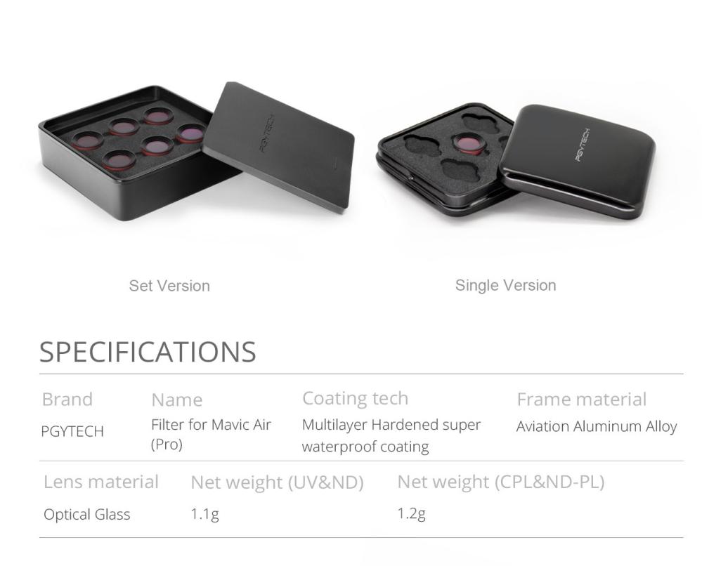 PGYTECH 6i1 Filter Pro för Mavic Air: UV, CPL, ND4, ND8, ND16, ND32