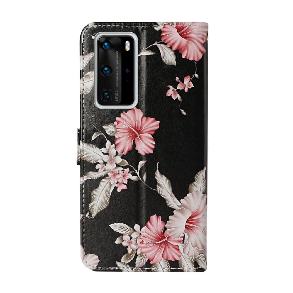 Plånboksfodral för Huawei P40 Pro - Svart med rosa blommor