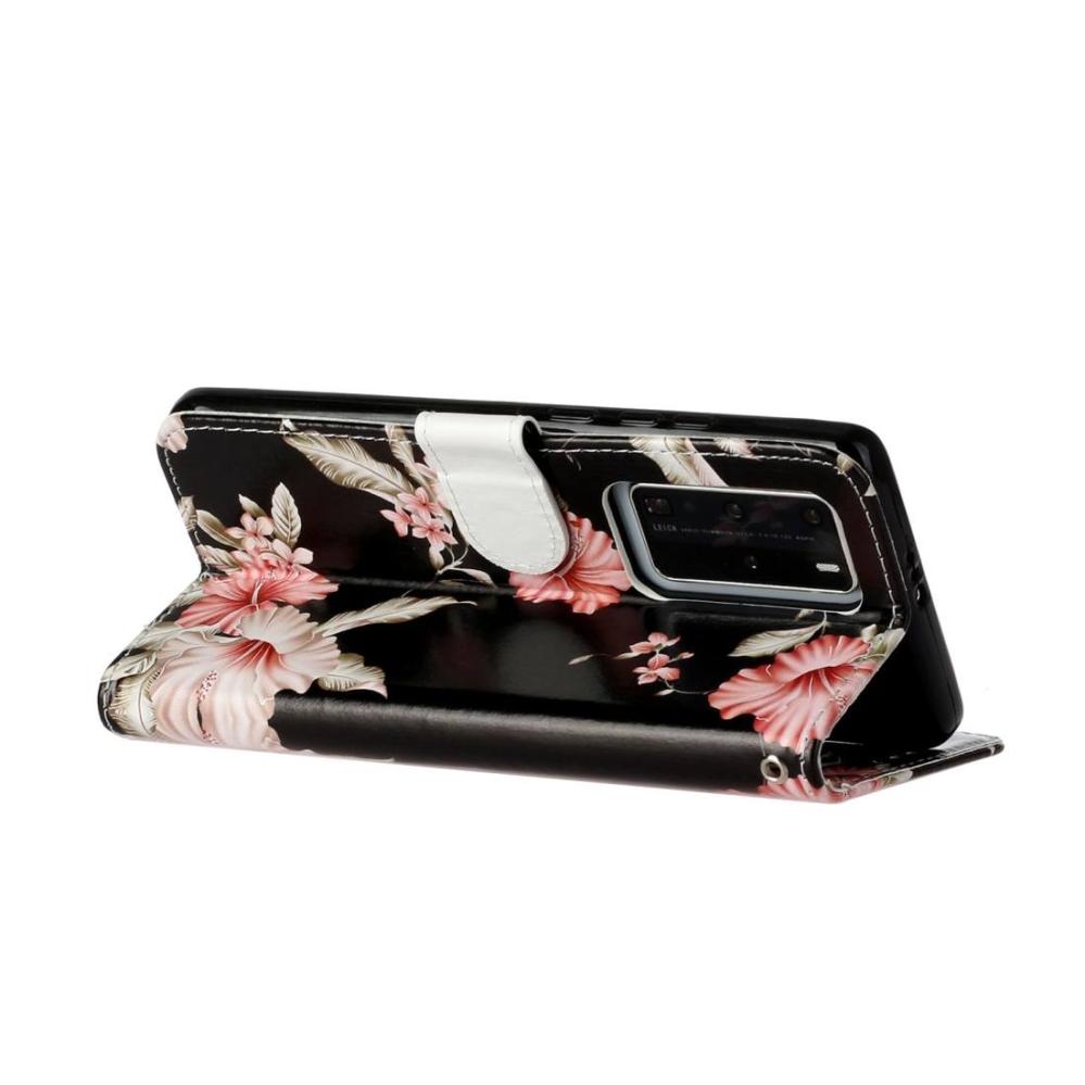 Plånboksfodral för Huawei P40 Pro - Svart med rosa blommor