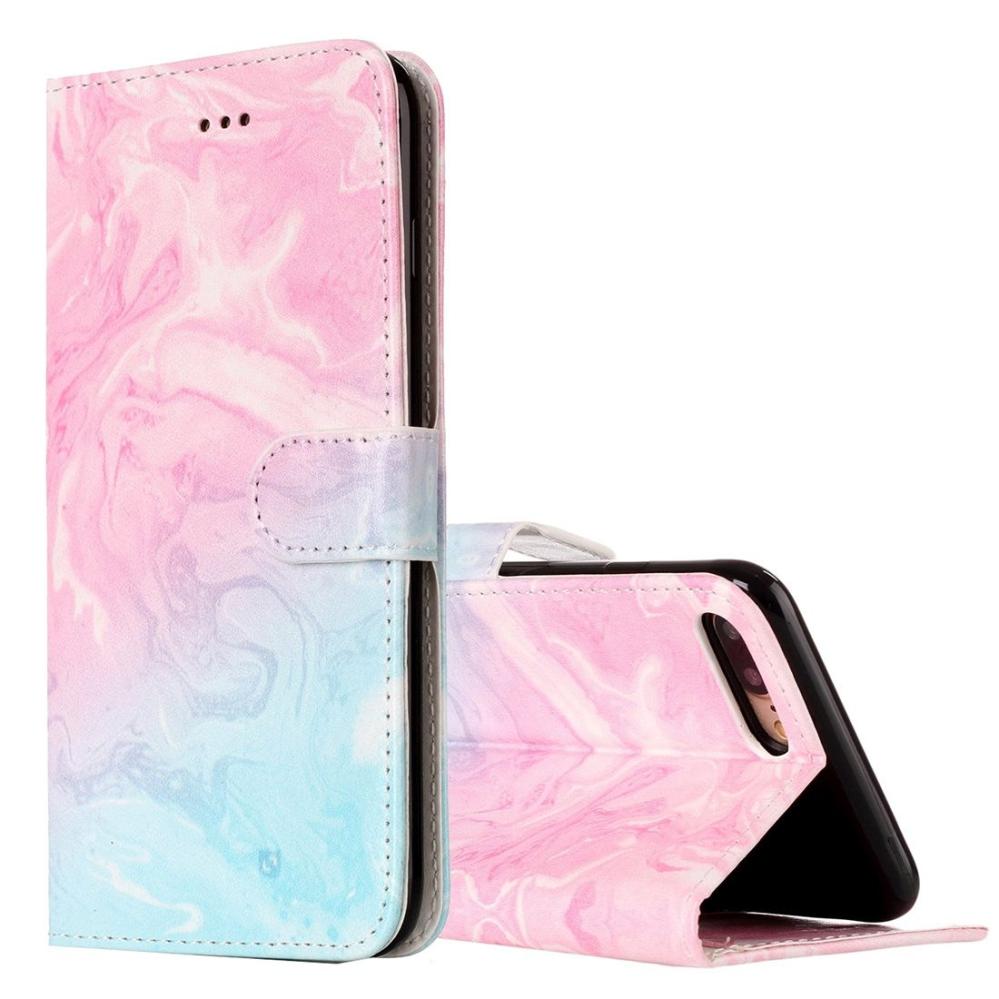 Plånboksfodral för iPhone 7 & 8 Plus - Marmormönster rosa & blå