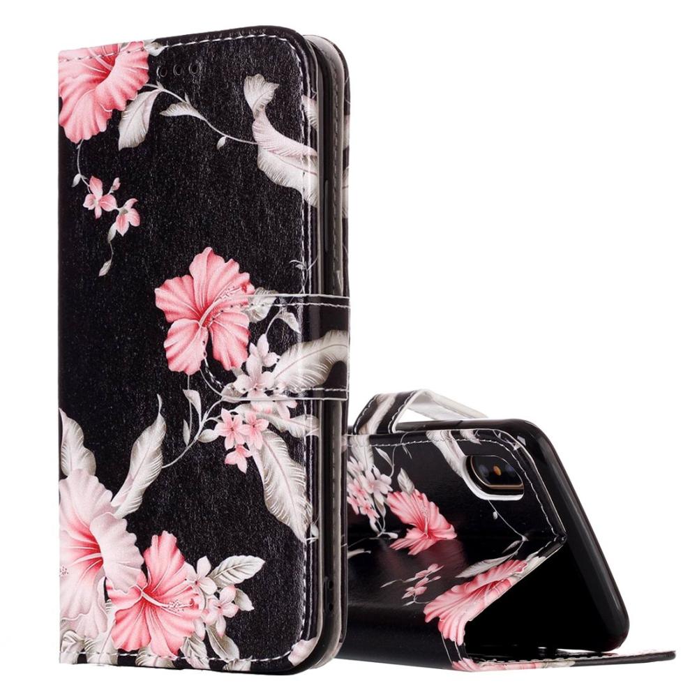 Plånboksfodral för iPhone X - Svart med rosa blommor