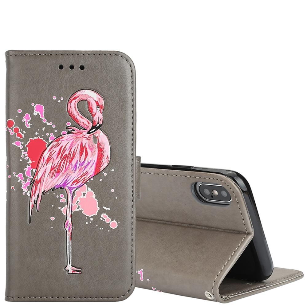 Plånboksfodral för iPhone X - Grå med rosa flamingo