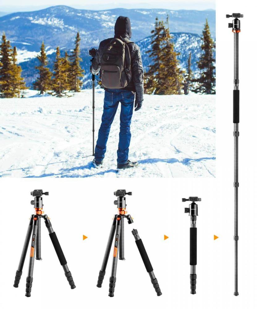 K&F Concept Kamerastativ kolfiber med Panorama kulled 164cm