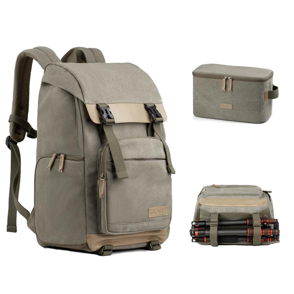 K&F Concept Kameraryggsäck kamoflagegrön Canvas med uttagbar innerskydd/insats