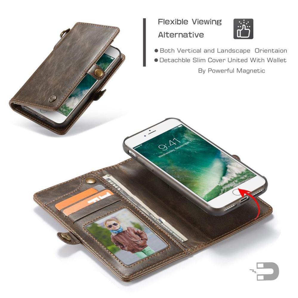 CaseMe Plånboksfodral med magnetskal PU-läder för iPhone 7, 8 Brun