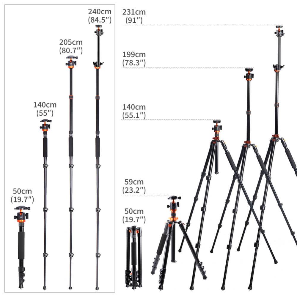 K&F Concept Kamerastativ med kulled & mittpelare 196cm/231cm