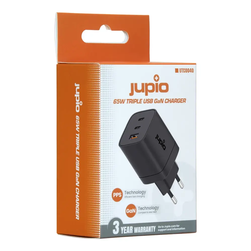  Jupio Triple USB (2C1A) GaN snabbladdare 65W – två USB-C och en USB-A från Kamda – snabb leverans och trygg e-handel